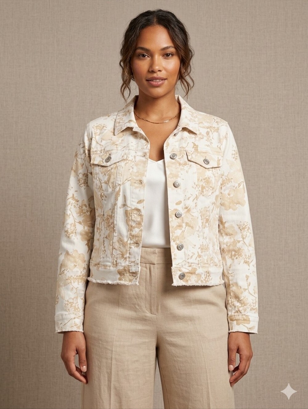 Nine West Women's Floral Jean Jacket - Cream and Tan